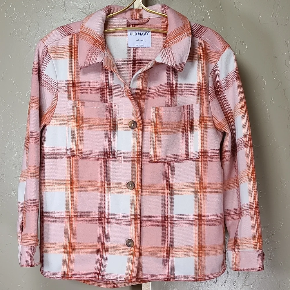Old Navy Pink and Orange Peach Plaid Shacket Shirt Jacket Girls XL(14-16)